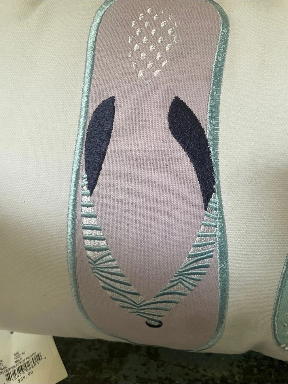 Embroidered Flip Flop Decorative Pillow - Lavender & Aqua